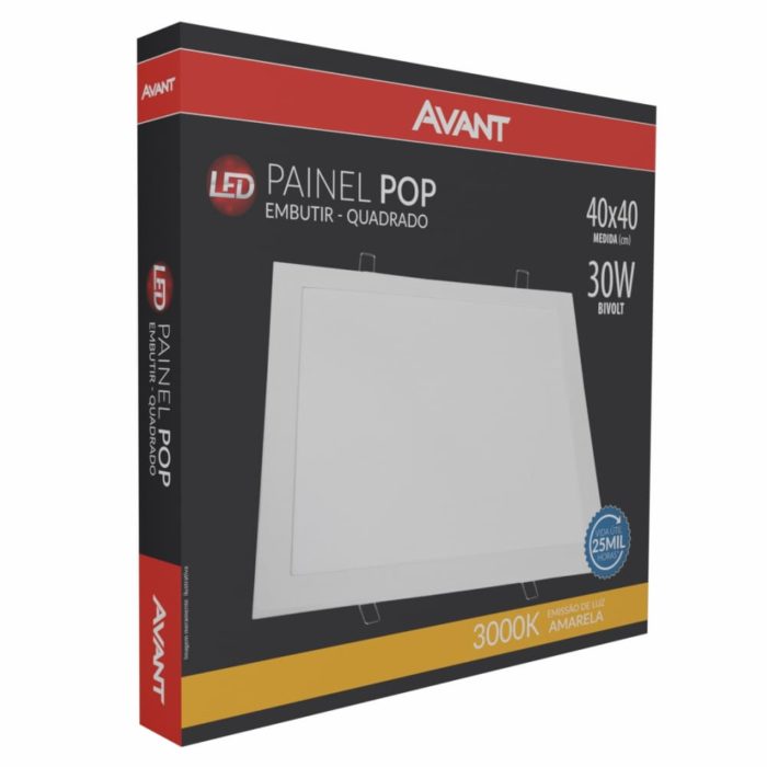 Painel Led Pop Embutir Quadrado 40×40 3000k 30w Bivolt Avant